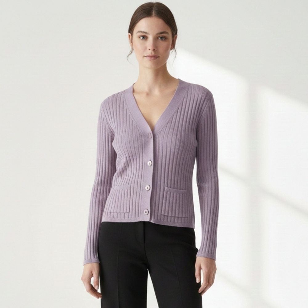 Talbots Lilac Ribbed Button Front Cardigan